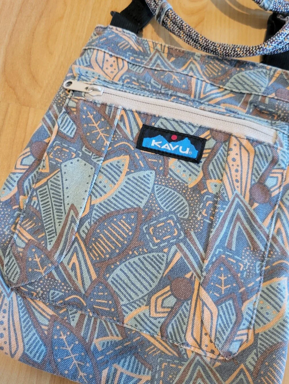 KAVU Keeper Crossbody Bag Blue Brown Orange Geometric